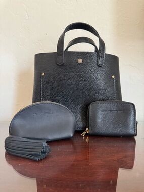 Portland Leather Mini Crossbody Tote Black + Wallet + Taco Pouch Bundle